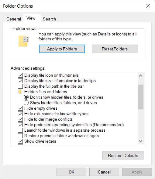 Windows 10 - File explorer Folder options