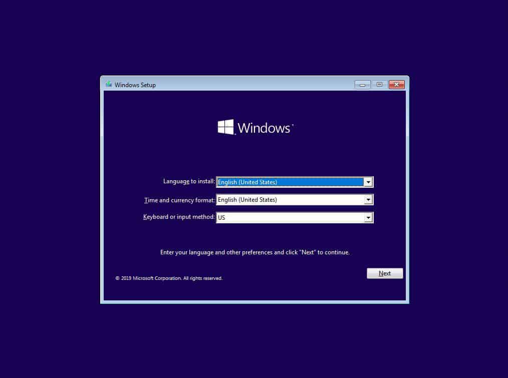 Standard Windows 10 installation