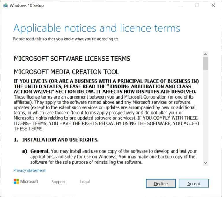 Windows 10 - accept licence agreement