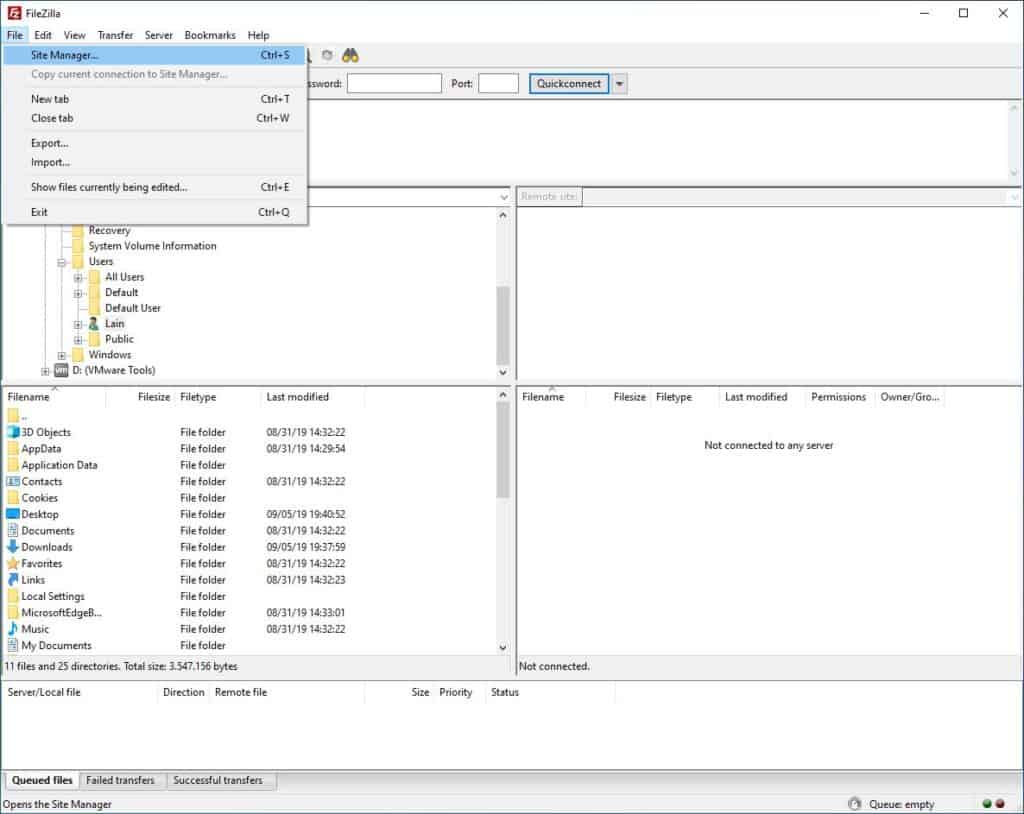 FileZilla Open the site manager