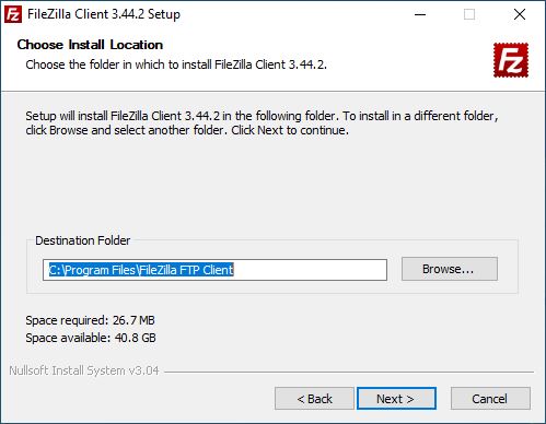 FileZilla installation process - location