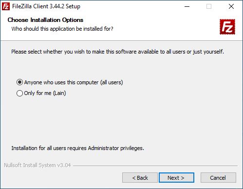 FileZilla installation process