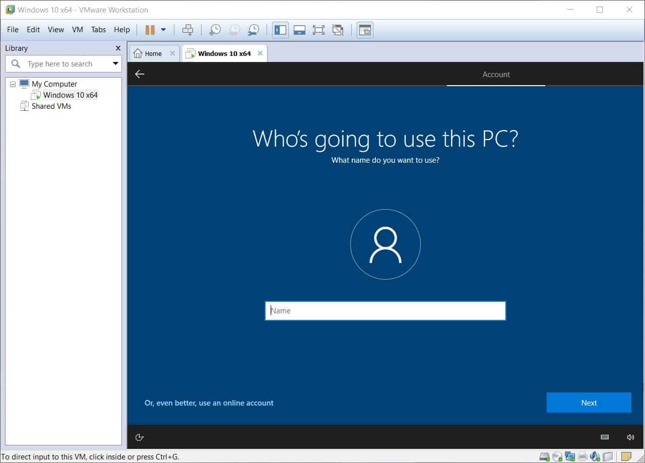 Name the user - Windows 10 on VMware