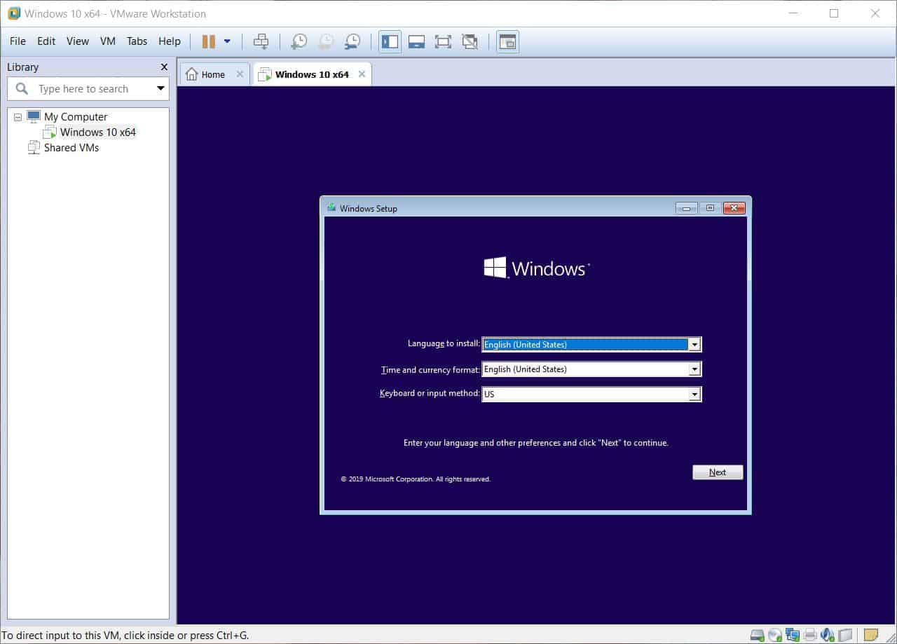 Standard Windows 10 installation - Windows 10 on VMware