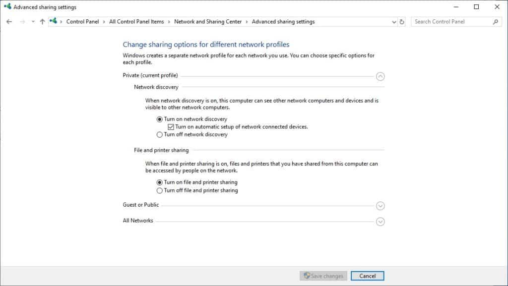 Windows 10 - Advanced sharing - Turn on discovery